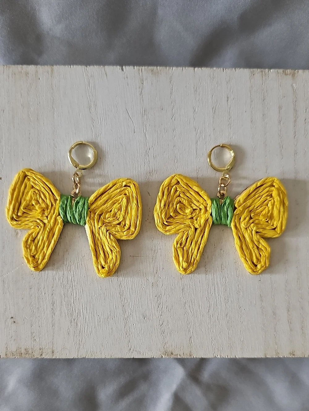 Yellow Bow Drop Earrings with Green Accent